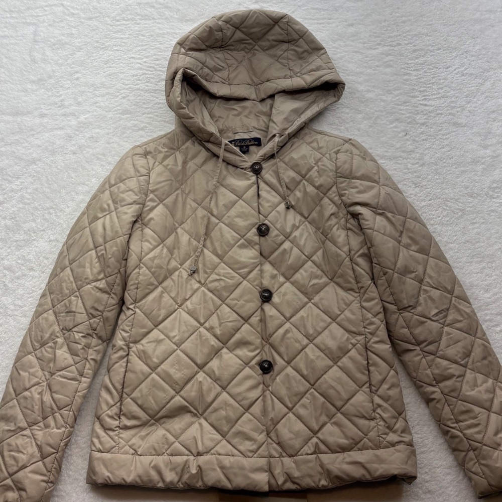 Brooks Brothers Tan Quilted Hooded Jacket Button Front Size 0 Beige Barn Coat